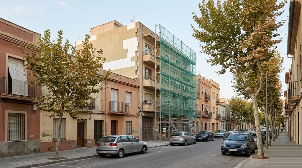 Bloque de viviendas de los años setenta con andamios y paneles de aislamiento a medio instalar en una calle española