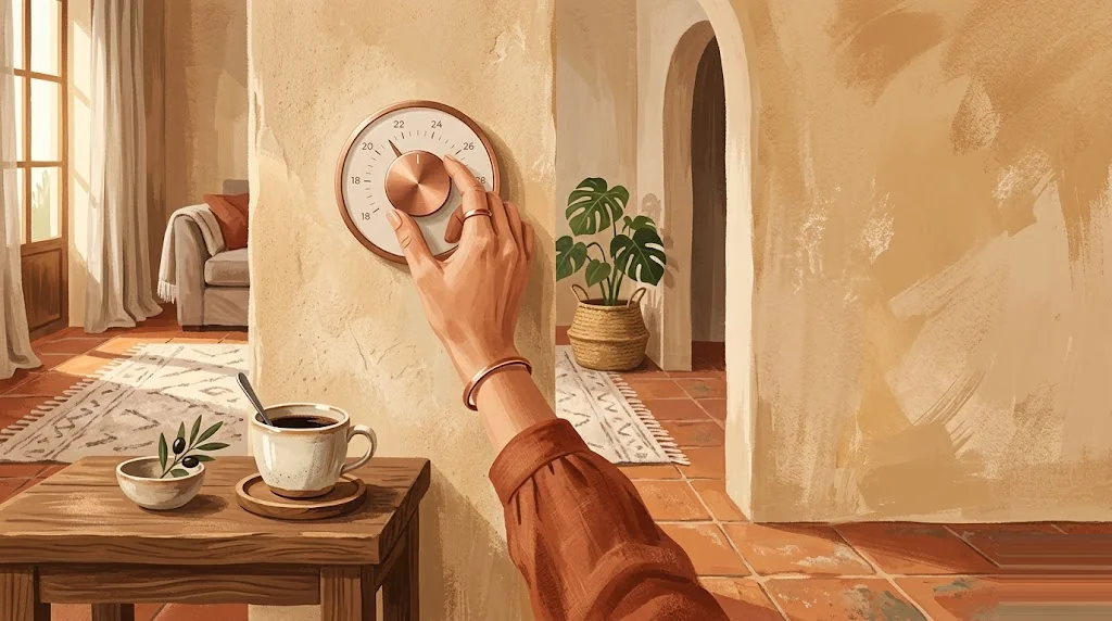 Mano ajustando un termostato analógico circular en pared de tono arena con suelo de terracota, paleta editorial cálida tierra-cobre