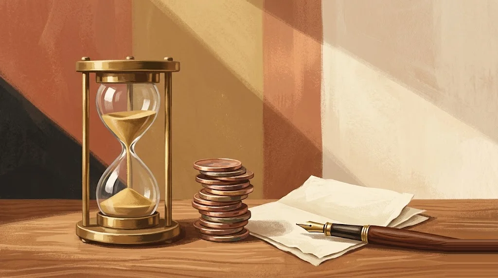 Reloj de arena de latón con arena cayendo sobre superficie cálida de madera junto a una pila de monedas de cobre y una nota doblada en papel crema