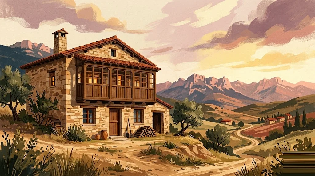 Ilustración editorial de arquitectura tradicional de Asturias con paleta tierra-cobre, escena de rehabilitación residencial