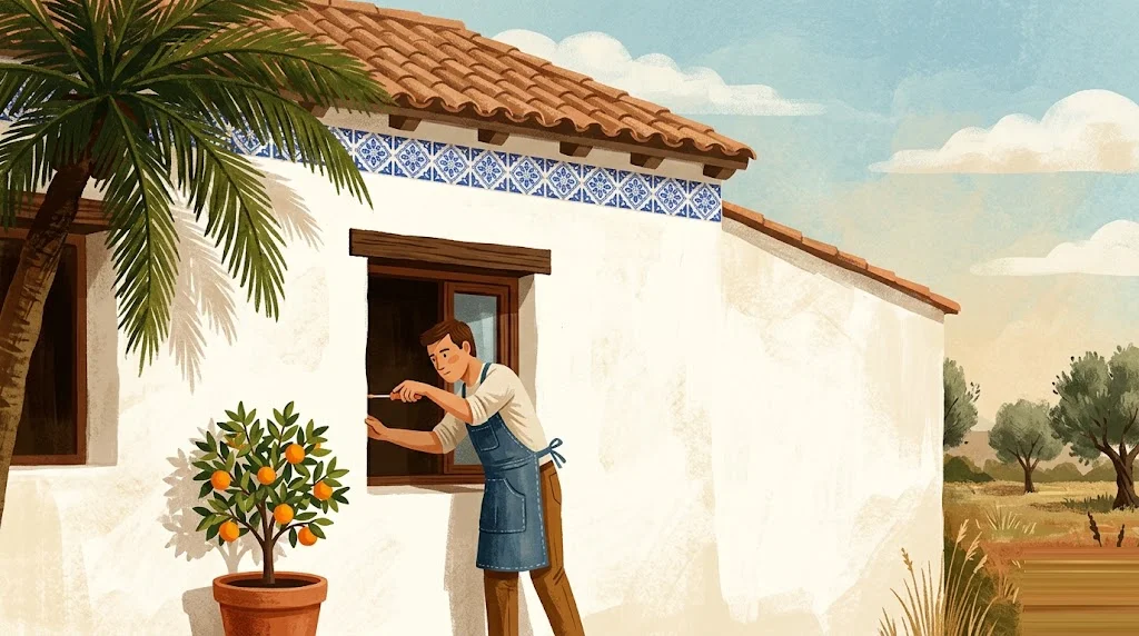 Ilustración editorial de arquitectura tradicional de Comunidad Valenciana con paleta tierra-cobre, escena de rehabilitación residencial