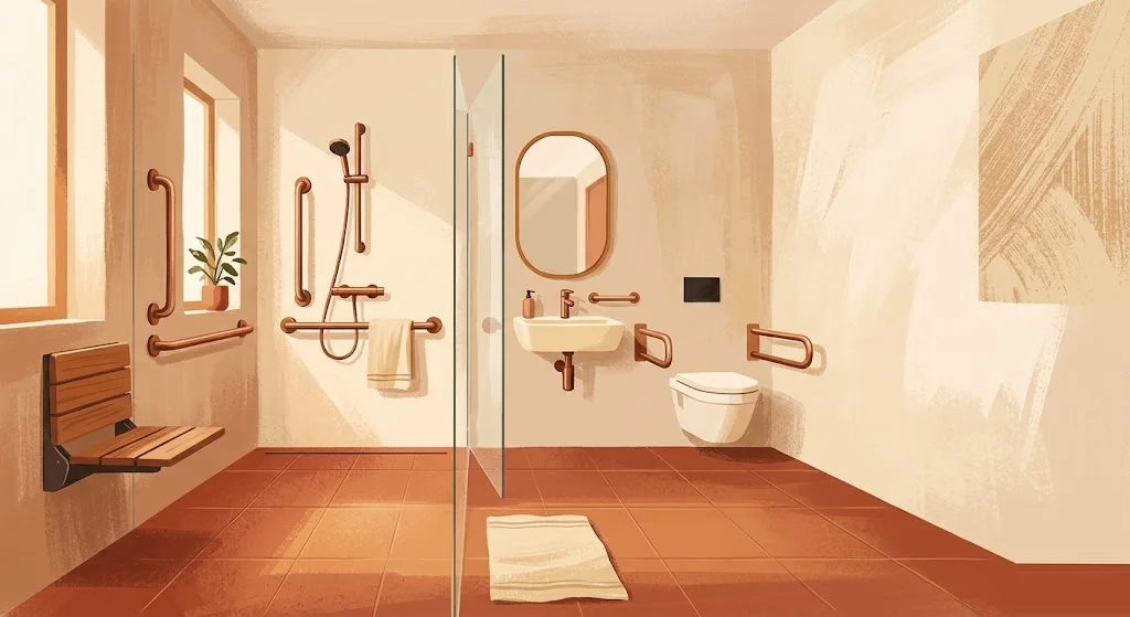 Plano arquitectónico doblado con compás de latón, regla y maqueta abstracta de baño accesible sobre cartulina cálida