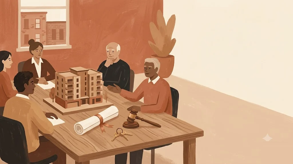 Maqueta de un edificio de viviendas sobre una mesa junto a un mazo de madera, un documento enrollado con lazo y un manojo de llaves, que representa la decisión de la comunidad sobre convertir un local en vivienda