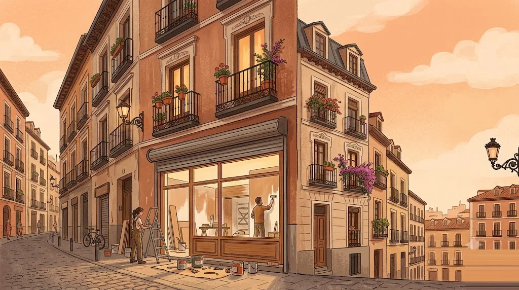 Calle del centro de Madrid con buhardillas y balcones de forja al atardecer, con un antiguo local de planta baja transformándose en vivienda al sustituir la persiana metálica por una ventana