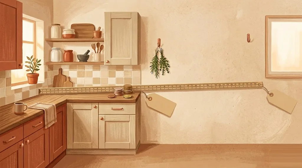 Cocina equipada con una cinta métrica extendida sobre la encimera y unas monedas junto a una etiqueta de precio en blanco