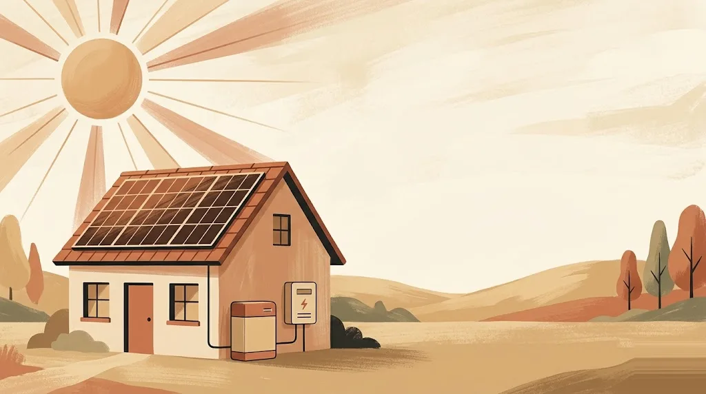 Tejado con paneles solares fotovoltaicos bajo el sol, con una batería doméstica y un contador junto a la casa