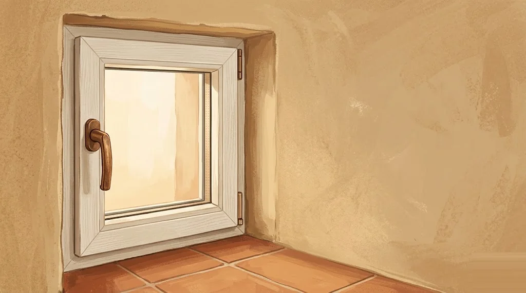 Detalle de ventana de PVC moderna instalada en pared color arena con doble acristalamiento visible y manilla de cobre
